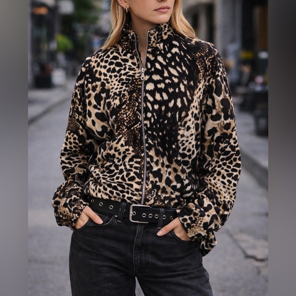 Vintage Y2K Alfred Dunner Velour Animal Print Jacket 12P Zip Leopard Petite